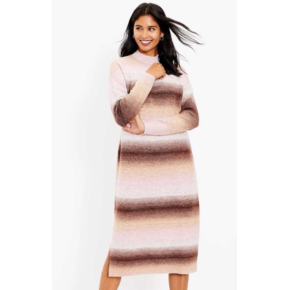 NWT LOFT Spacedye Ombre Mock Neck Knit Midi Sweater Dress Long Sleeve Brown Pink